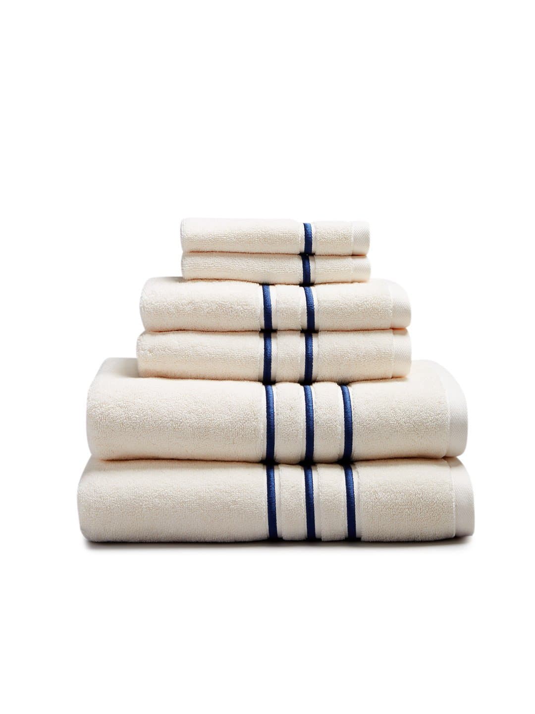 Chortex Tramlines%100 Turkish Cotton Towel Set (6 Pcs)(2 Washcloths, 2 Hand Towels,2 Bath Towels)(Cream/Navy)
