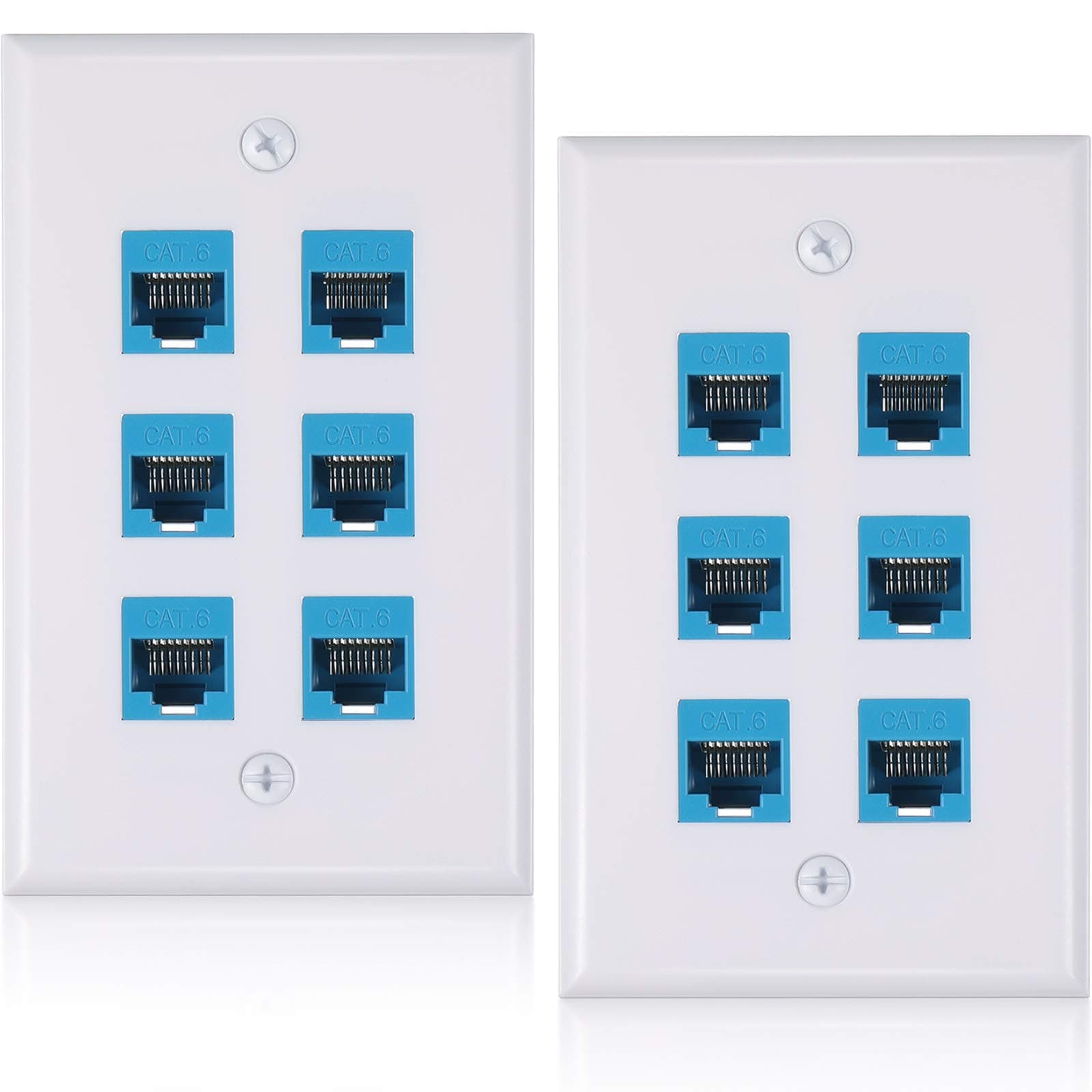 Weewooday 2 Pieces 6 Port Ethernet Wall Plate, RJ45 Cat6 Female to Female Jack Inline Coupler Plates Ethernet Cable Faceplates for Cat5 Cat5e Cat6 (Blue)