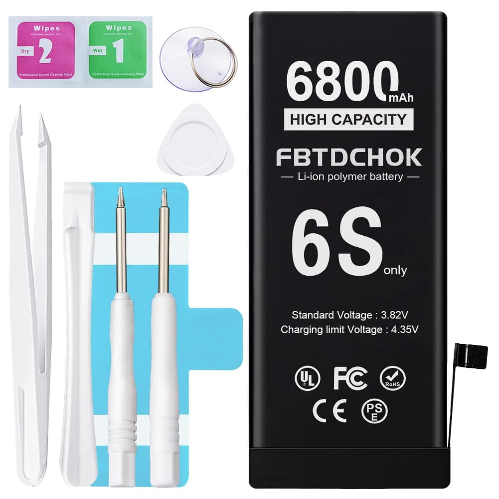 [6800mAh Upgraded Battery for iPhone 6S, High Capacity 0 Cycle A+ Replacement with Complete Repair Tool Kit (6S only)