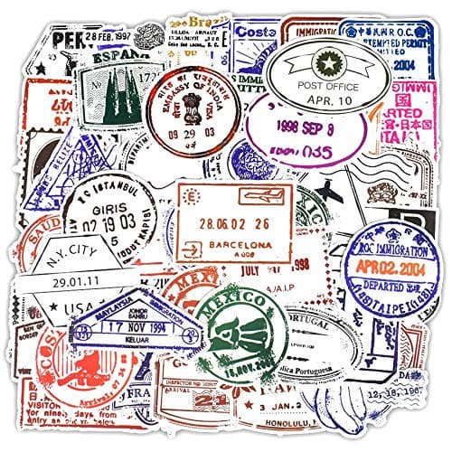 Retro Postmark Visa Seal Graffiti Travel Vinyl Stickers (Set of 50) - 3 to 8 cm, DIY Scrapbook, Luggage, Laptop and Journal Decorative Stickers for Travel Lovers