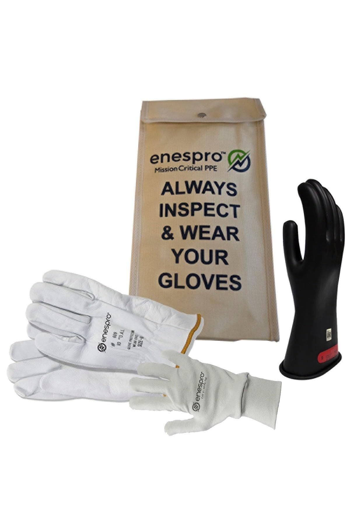 Enespro Class 0 Yellow Rubber Voltage Insulating Glove Premium Kit with FR Knit Glove and Leather Protectors