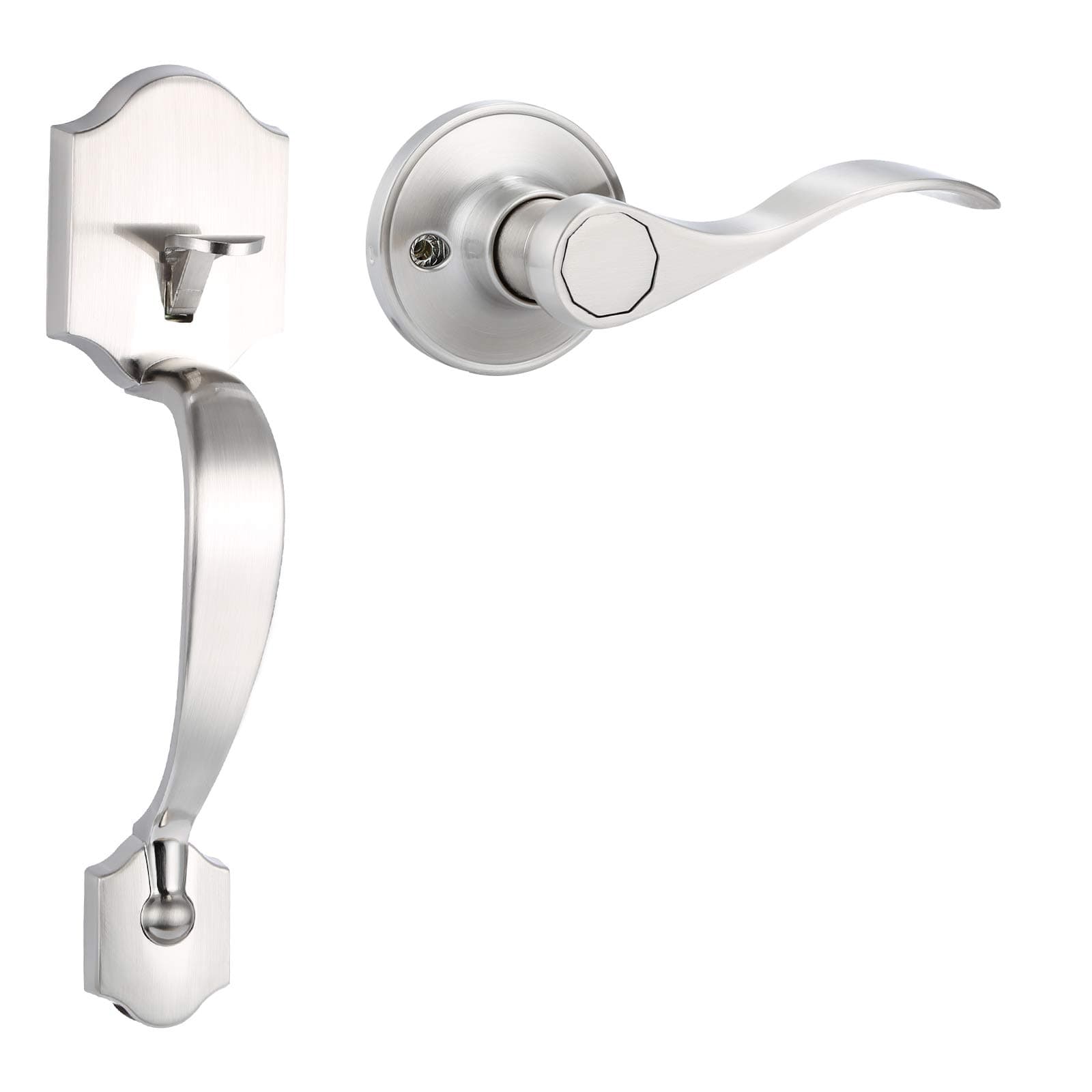 Camelot Trim Lower Half Handleset, Classic Satin Nickel Entry Door Handle with Accent Wave Door Lever for Electronic Keypad with Drop Interior Left Handed Lever