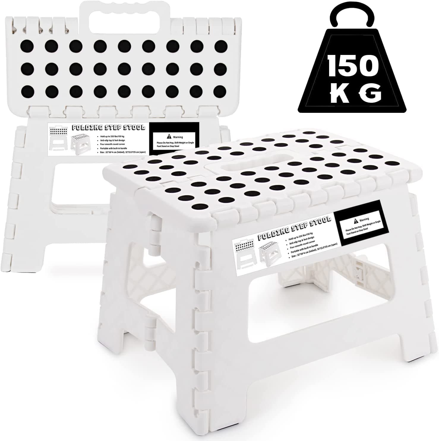 SMALUCK Step Stool for Kids & Adults - 9 inch Small Plastic Folding Stepping Stool for Kitchen Bathroom Garden and Outdoor, Portable Foldable Stool Holds up to 150KG (White)