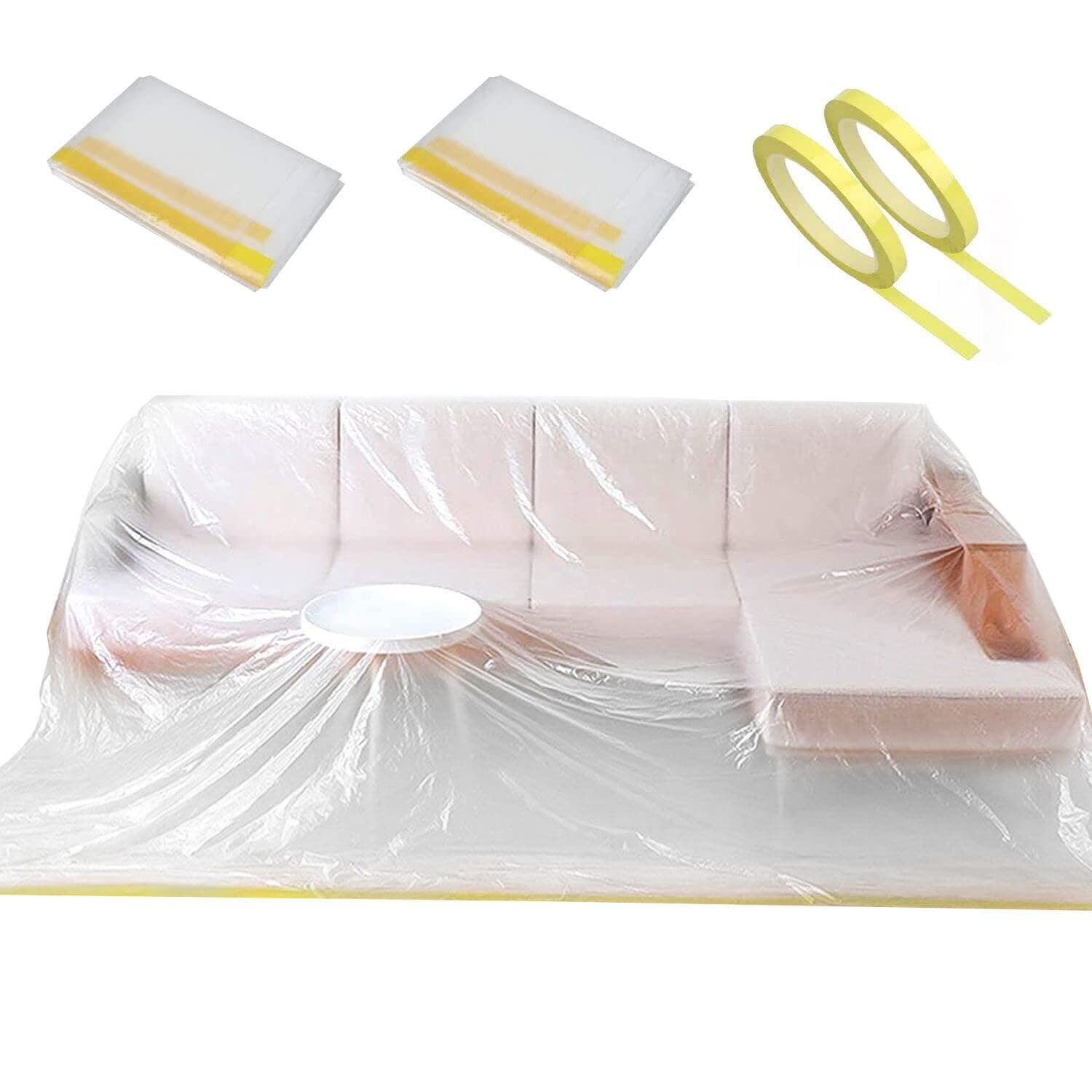 2 Pack 146" Extra Large L-Shape Plastic Couch Cover for Sectional Sofa, Waterproof Furniture Covers for Moving & Storage, Clear Sofa Protector Bag with 2 Rolls Painter Tape for Painting Renovation