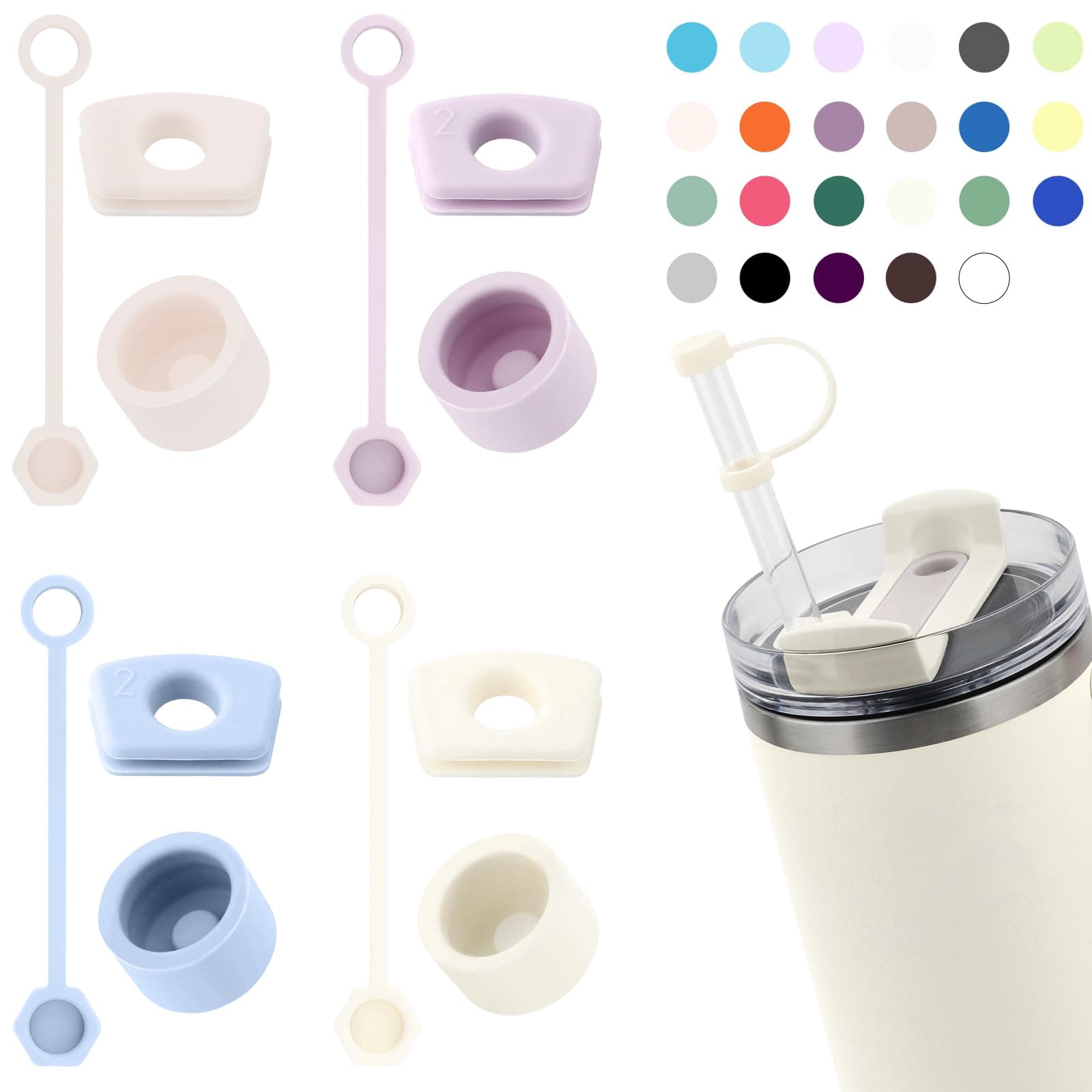 Silicone Spill Stopper Set Compatible with Stanley Cup 2.0 30oz & 40oz with Straw Cover, Set of 4