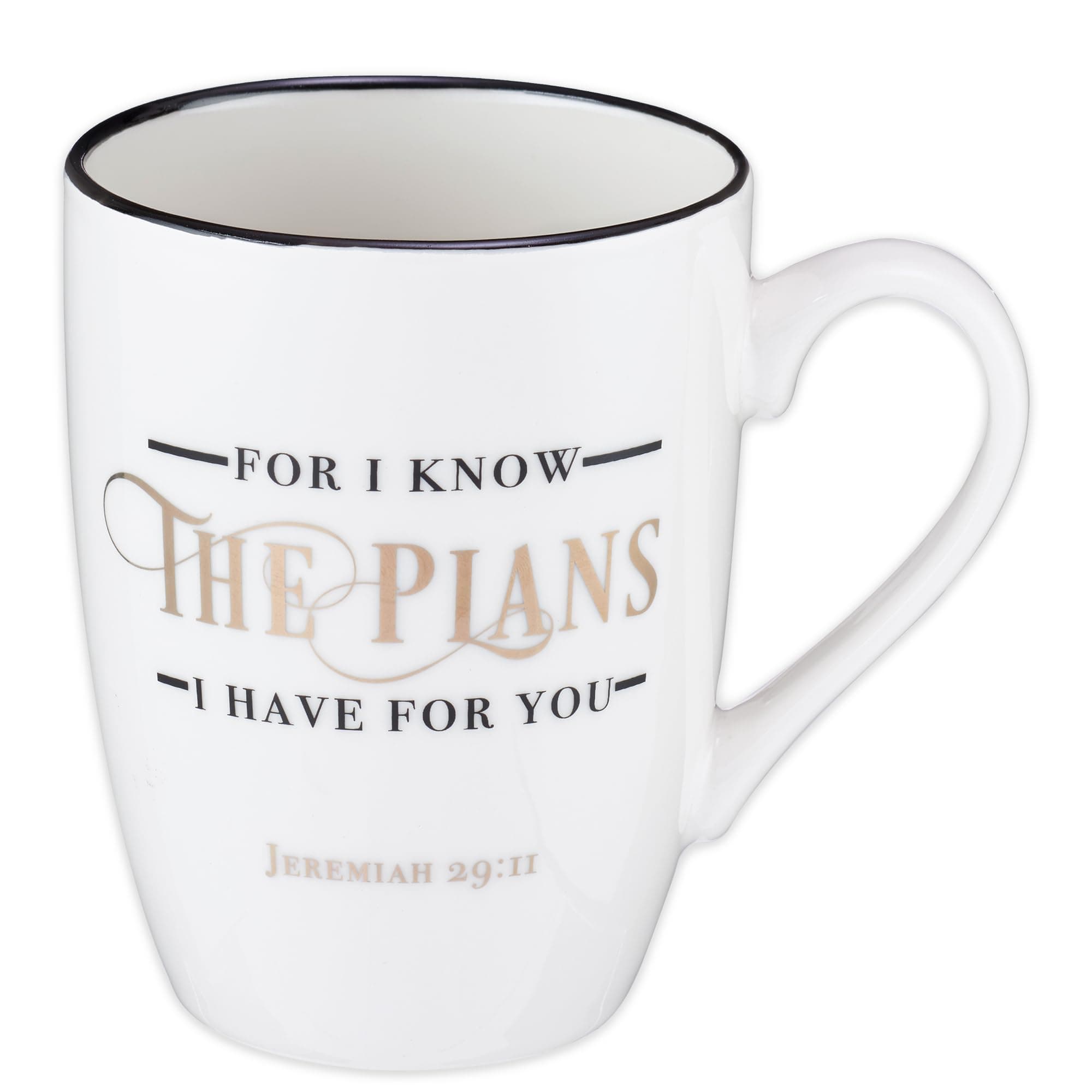 Inspirational Ceramic Coffee & Tea Scripture Mug for Men, Women & Grads: Know The Plans Encouraging Bible Verse, Lead & Cadmium-free Non-Toxic Novelty Cup, White/Black/Gold, 12 oz.