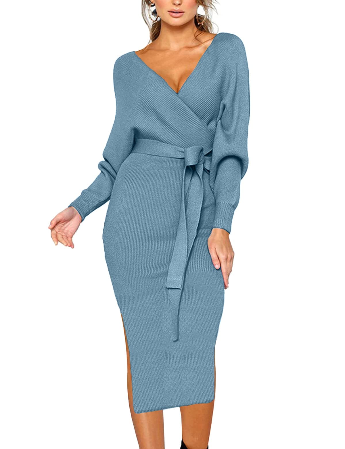 CHERFLYWomen's V Neck Sweater Dresses Batwing Long Sleeve Backless Bodycon Dress with Belt(02 Light Blue,S)