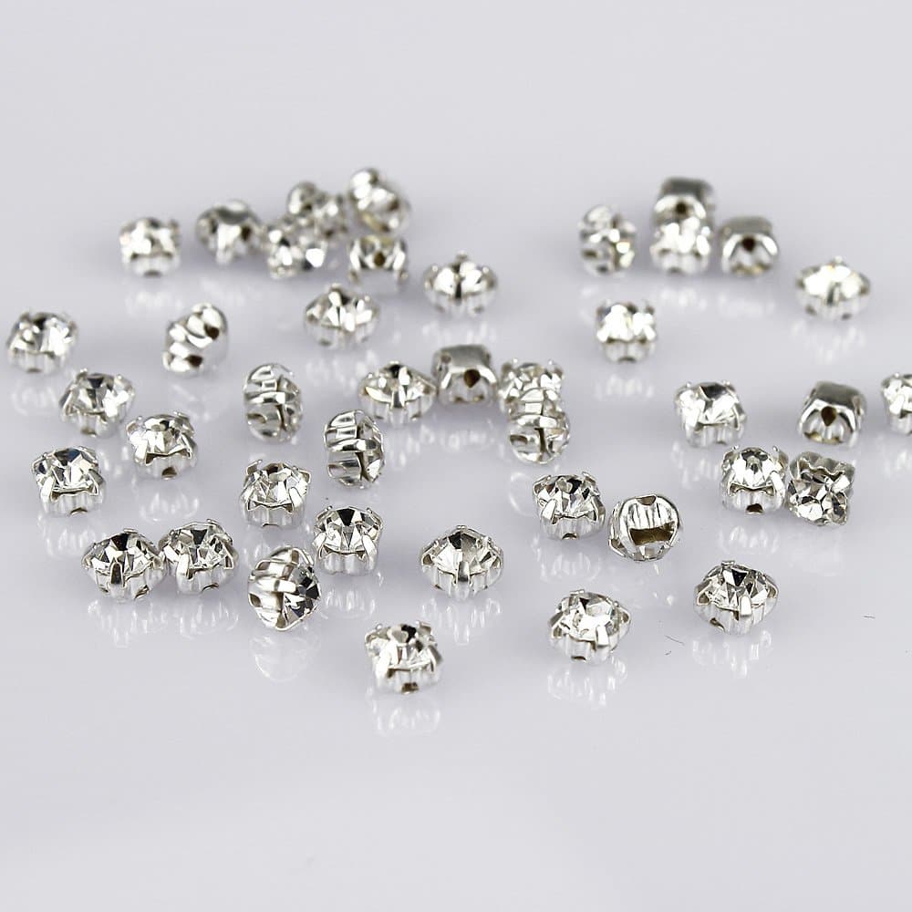 LolliBeads (TM) 100 Pcs Crystal Ringed Sew on Rhinestone Czech Glass with Silver Plated Brass Base Prongs Cup, White 4 mm