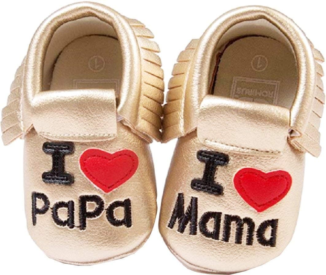 Shoes - Babies - I Love Mama - dad - 6-9 Months - I Love You mom - dad (Size 18 EU = Size 11 of The Producer) - Birthday Gift idea - Christmas - Party Gold