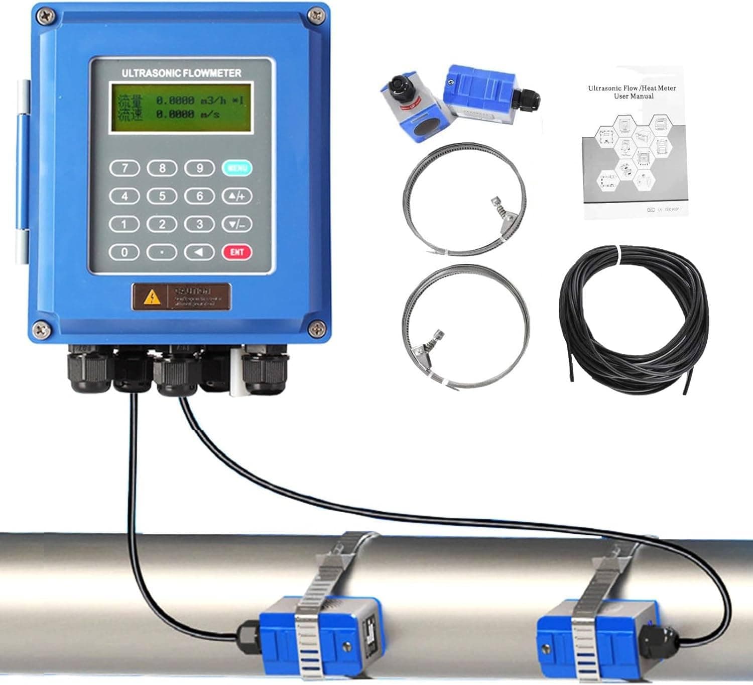 Ultrasonic Flow Meter TUF-2000B Liquid Water Flow Control Meter Flowmeter Counter Display With TM-1Clamp-On Transducers DN50-700mm