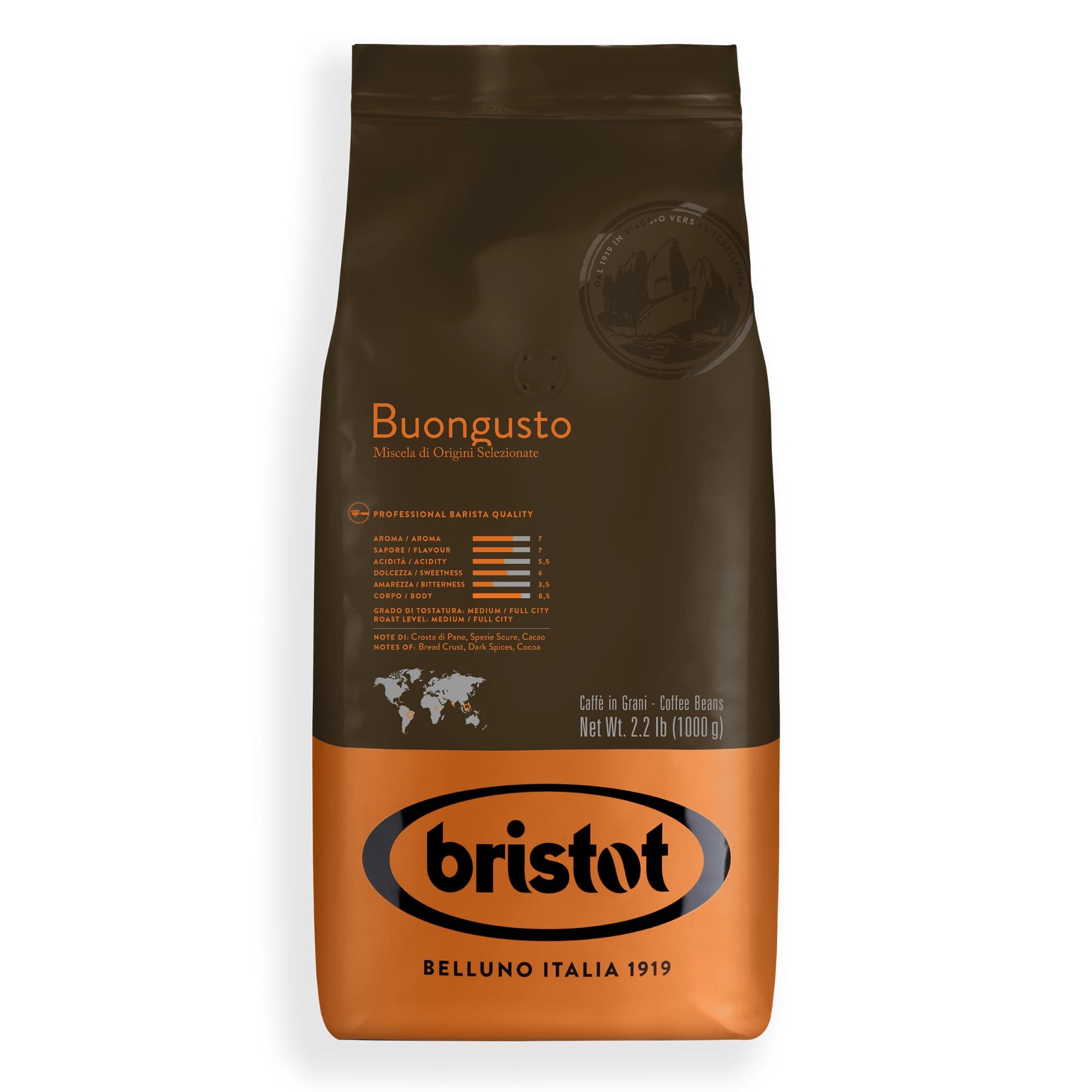 Buongusto Italian Espresso Coffee Beans – Whole Bean, Medium Roast, Low Acid – 2.2 lb (1kg) Bag – Smooth, Bold Flavor for Espresso