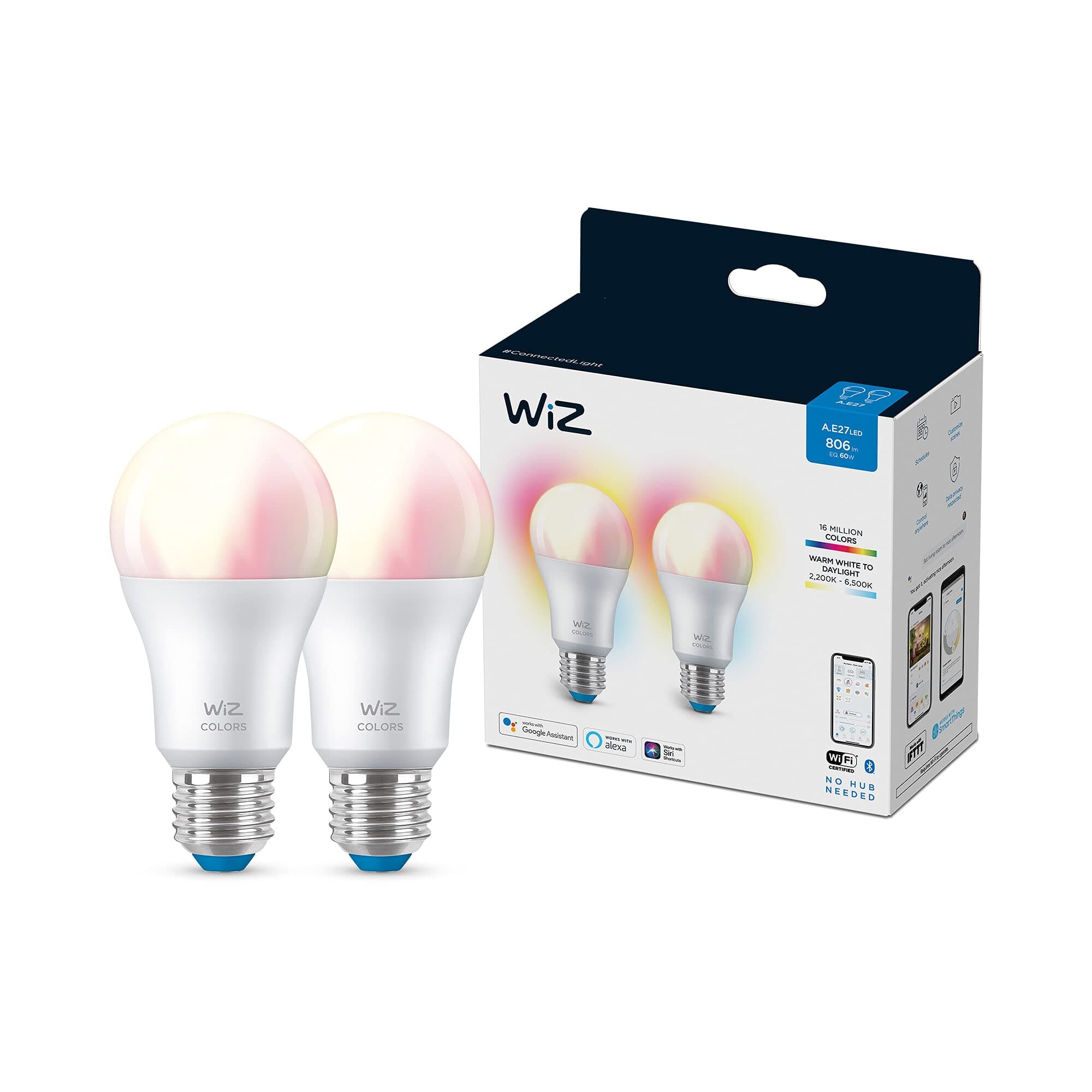 Colour [E27 Edison Screw] Smart Connected WiFi Light Bulb 2 Pack. 60W Colour and White Light, App Control for Home Indoor Lighting, Livingroom, Bedroom.