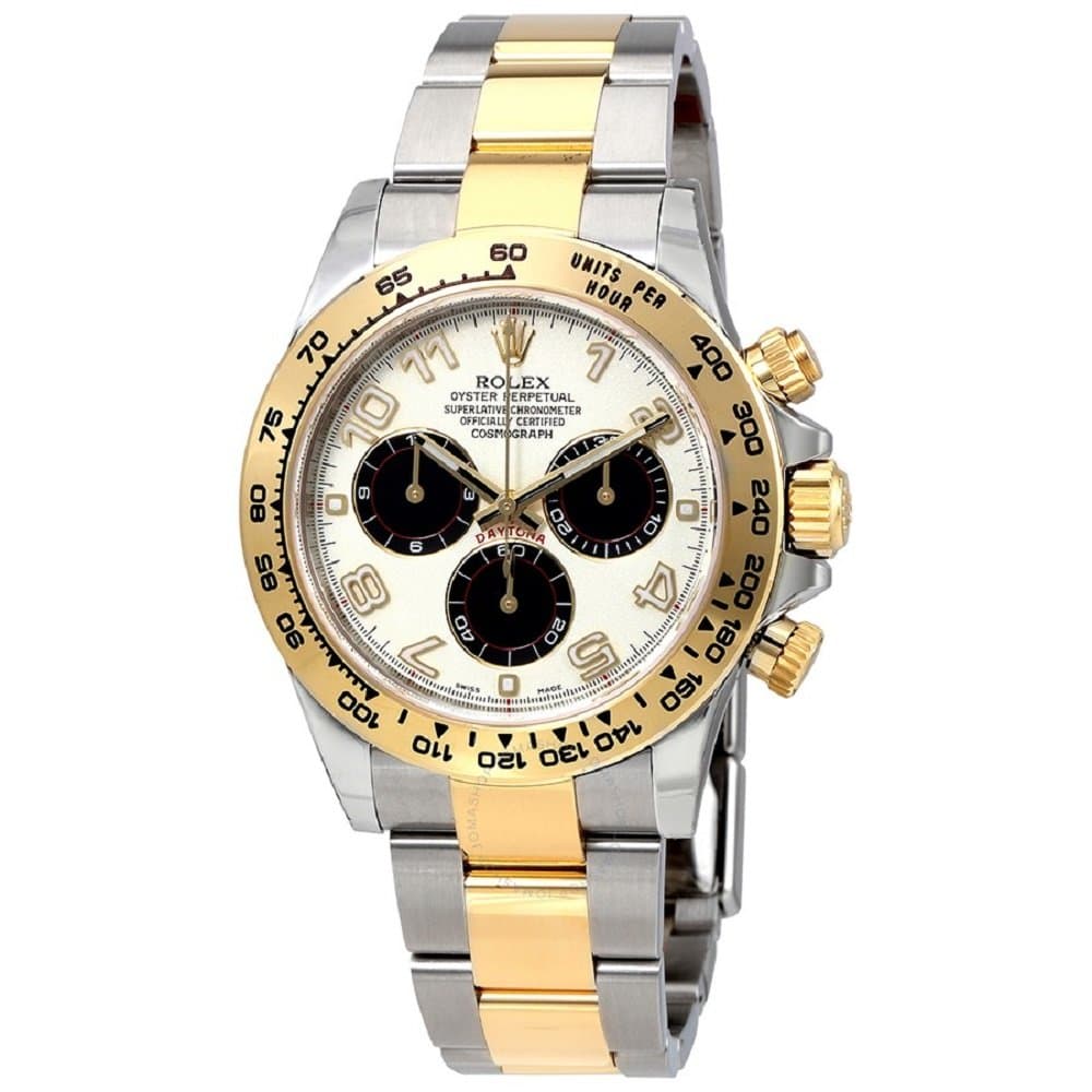Rolex Oyster Perpetual Cosmograph Daytona 40mm Stainless Steel Case, 18K Gold Tachymeter Engraved Bezel, Ivory dial, Black Subdials, Arabic Numerals, and Stainless Steel 18K Yellow Gold Bracelet.