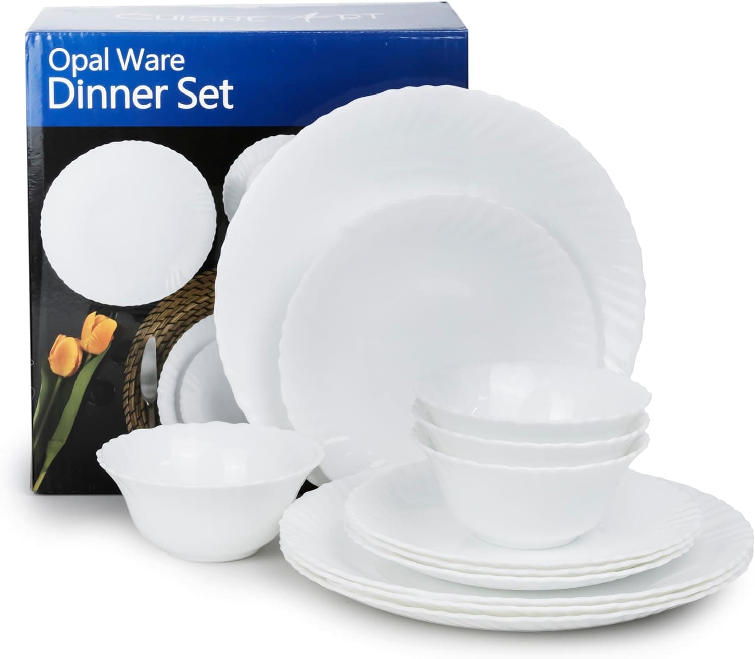 Cuisine Art Opalware Dining Collection Dinnerware - Exquisite White 12-Piece Set | 10" Dinner Plate x 4 | 7.5" Dessert Plate x 4 | 5" Bowl x 4