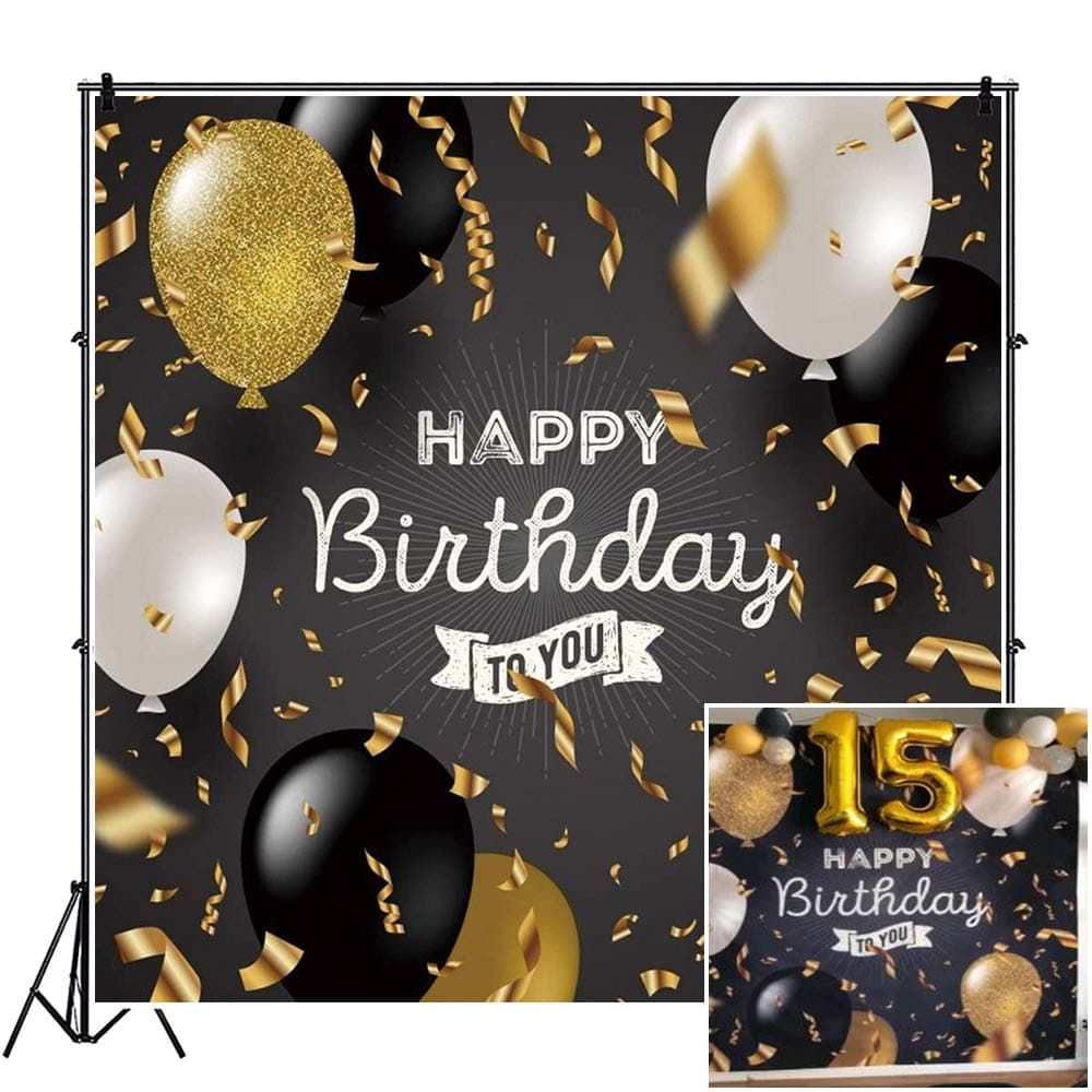 CSFOTO8x8ft Happy Birthday Backdrop Black Gold Birthday Party Background for Photography Birthday Banner Adult Birthday Photo Background