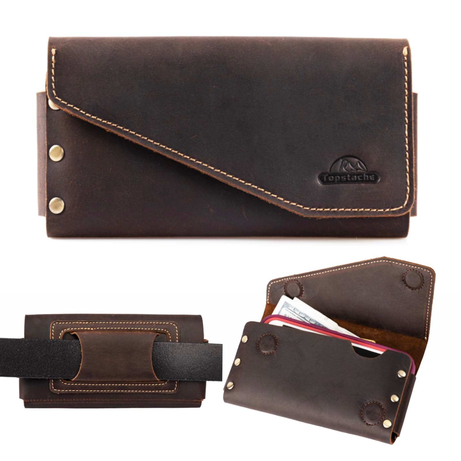 Leather Phone Holster for iPhone 17/16/15 Pro Max, Galaxy S25/S24 Ultra - Belt Loop Cell Phone Case - Leather Card Holder Wallet Belt Pouch - Fit Protective Case on, XL,Darkbrown