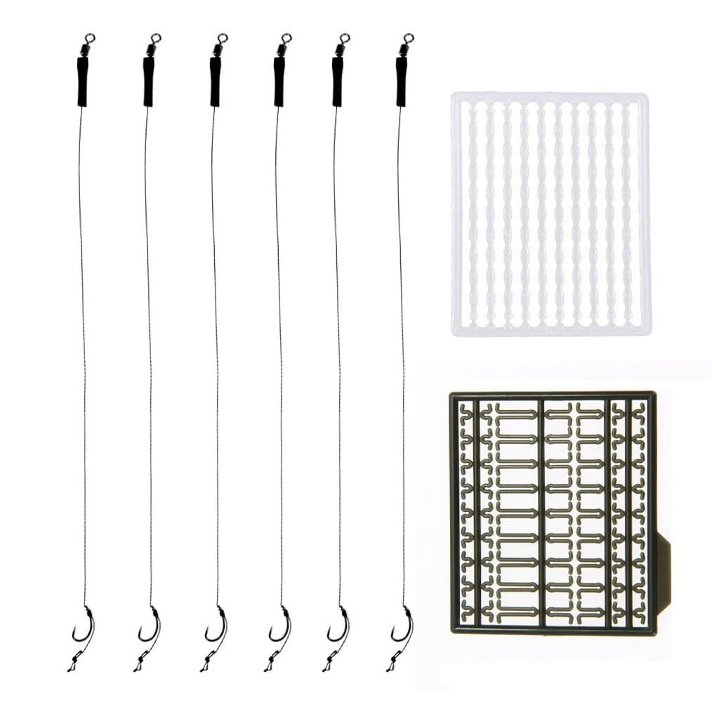 6x Ready Tied Hair Rigs Barbless Curved Hook with Boilie Bait Stops Dumbell Stop/Hair Extender Boilie Bait Stops for Carp/Coarse Fishing