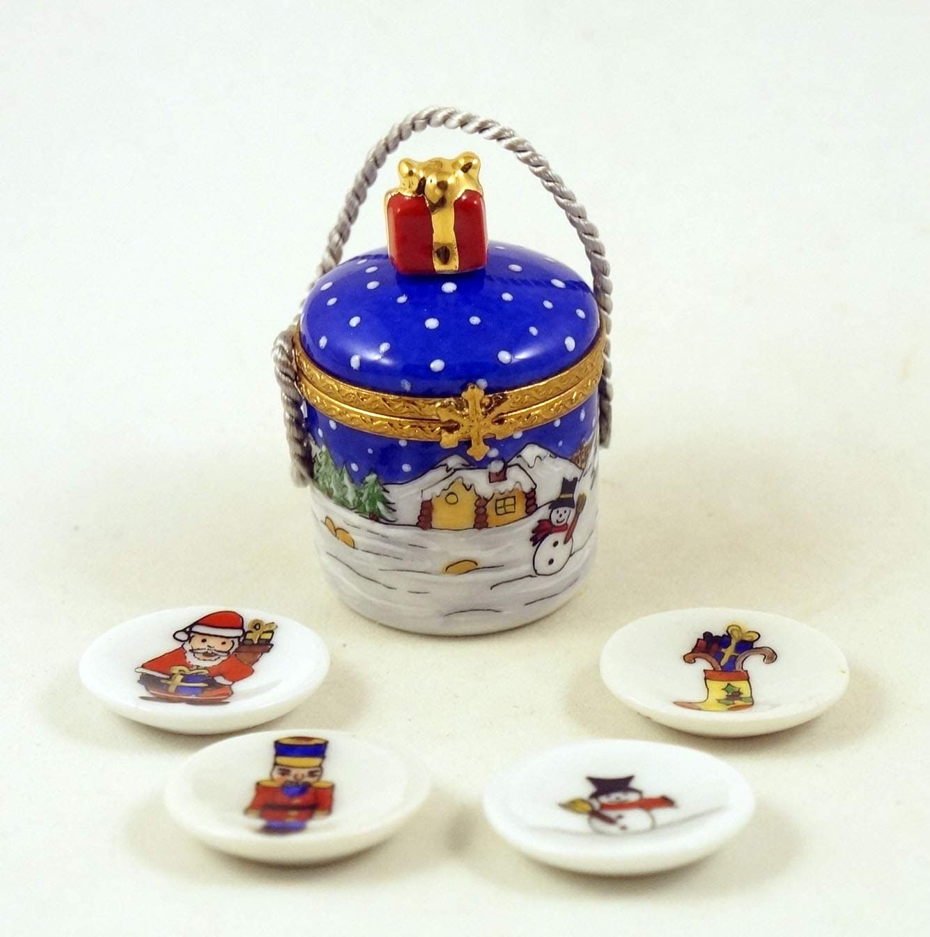 Authentic French Porcelain Hand Painted Christmas Limoges Box Christmas Basket with Christmas Plates with Gifts Santa Snowman Nutcracker
