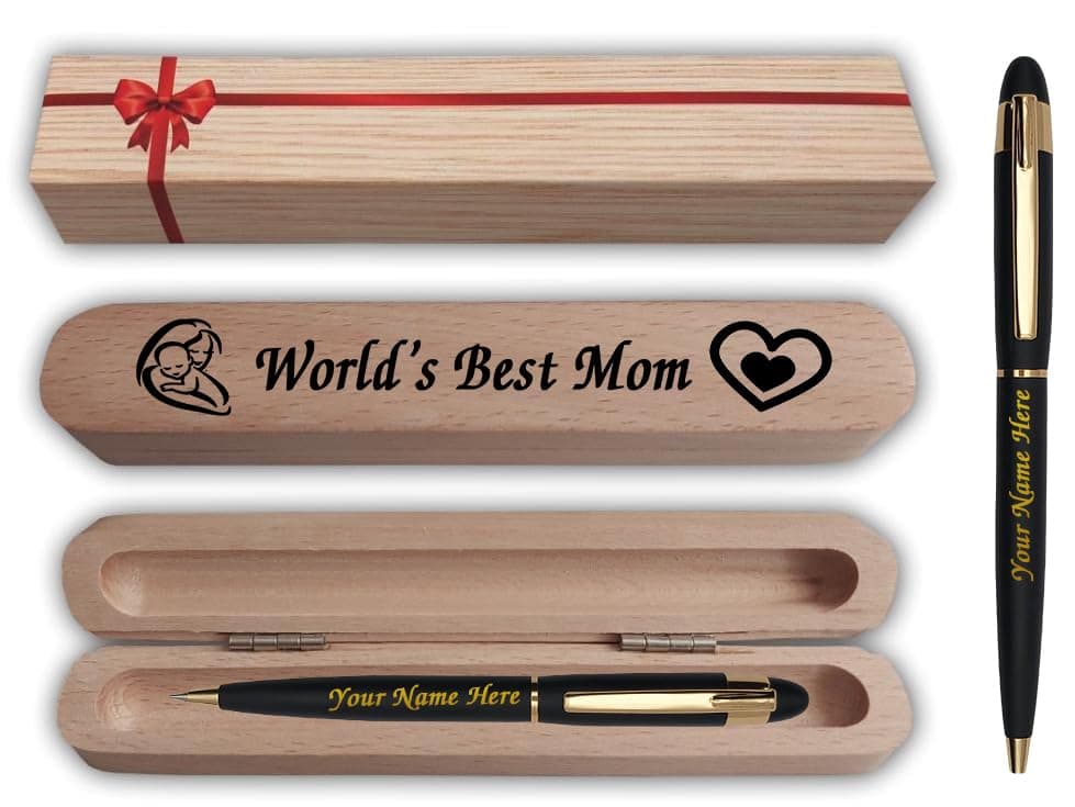 KlowAgeSaint Matte Black Gold Trim Ball Pen with Engraved Your Name on Pen and Wooden World's Best Mom Gift Box & Gift Bag| Mother,Maa | customised Pen | Personalized Pen