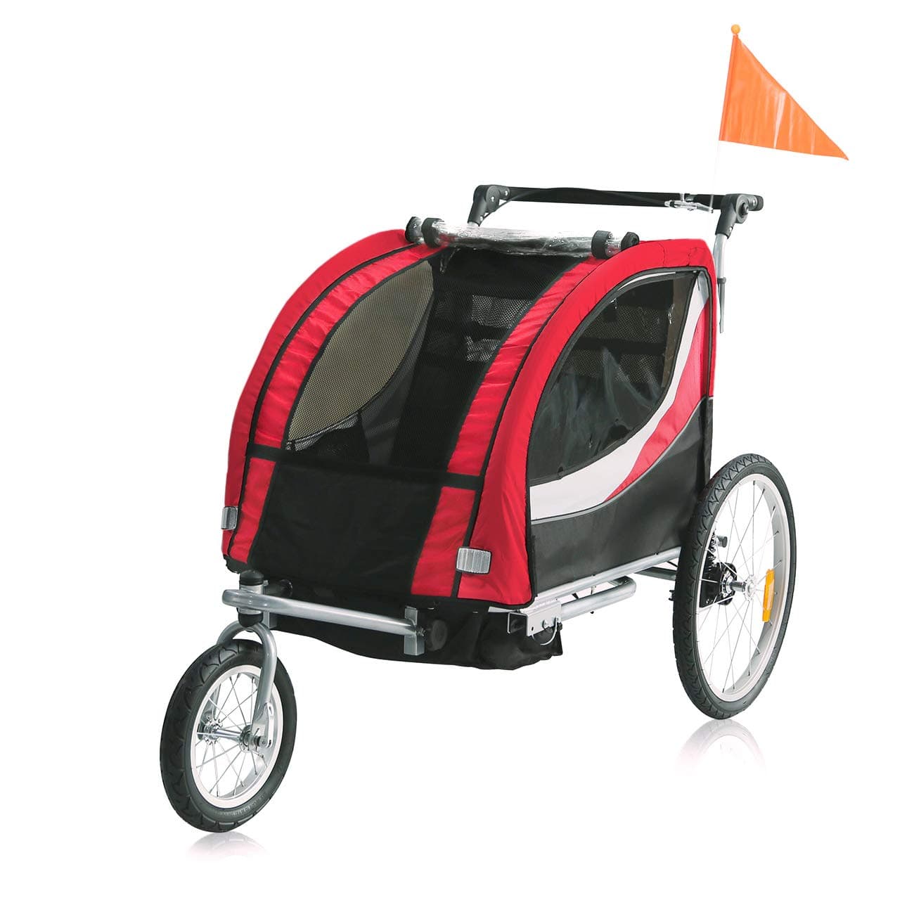 SAMAX Children Bike Trailer Premium 2in1 Kids Jogger Stroller with Suspension 360° rotatable Childs Bicycle Trailer Transport Buggy Carrier for 2 Kids in Red/Grey - Silver Frame