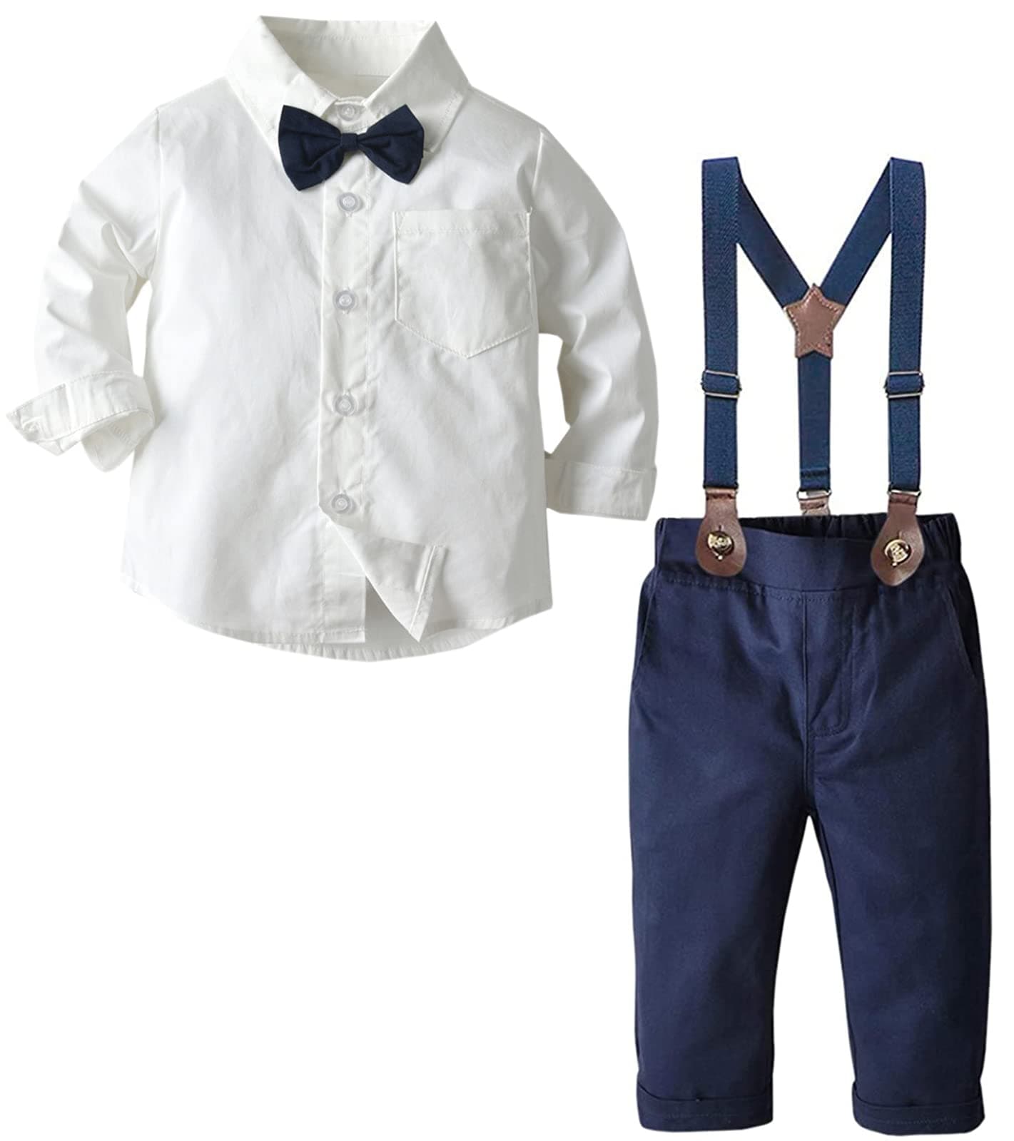 Boys Gentleman Clothes Set, Short Sleeve Shirt with Bowtie + Suspender Pants Outfit, 3 Months - 6 Years