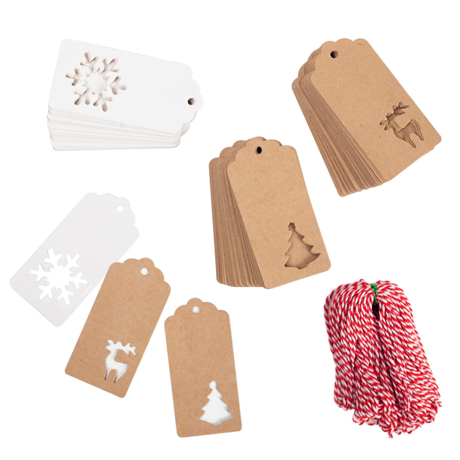 SallyFashion 150 PCS Christmas Tags, Kraft Paper Gift Tags Hang Labels with 20M Red and White String, Christmas Tree, Snowflake, Reindeer Design for Gift Favor, Party
