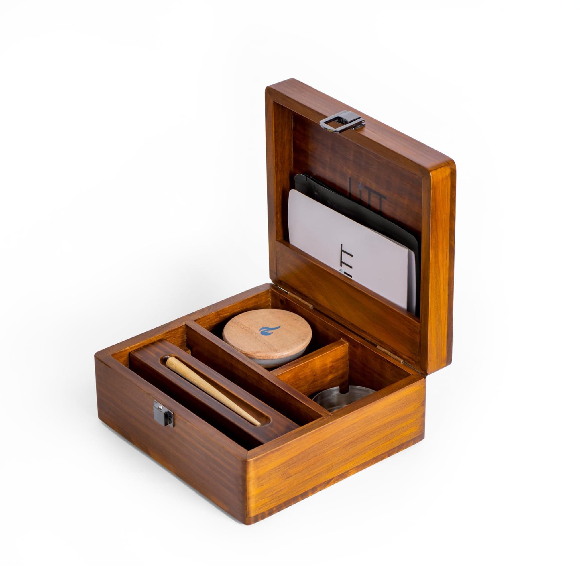 LITT Small Stash Box – Premium Wooden Storage Organiser with Lock, Airtight Smell-Proof Container, Resealable Mylar Bags, Rolling Tray & More – Brown Colour