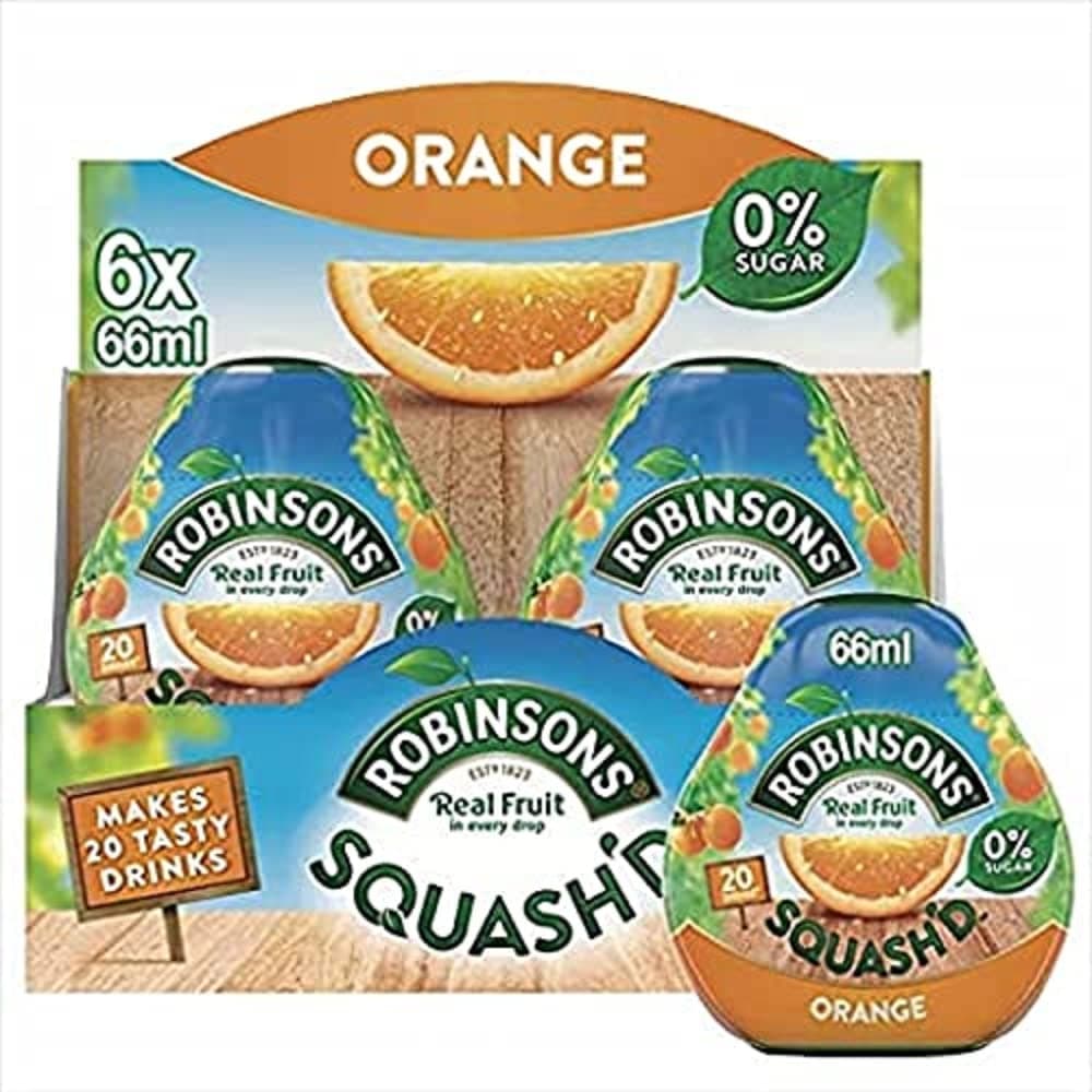 Robinsons SQUASH'D, 0 Percent Sugar, Real Fruit Squash, Low Calorie, Orange, Makes 20 Drinks Per Pack, 6 x 66 ml Packs