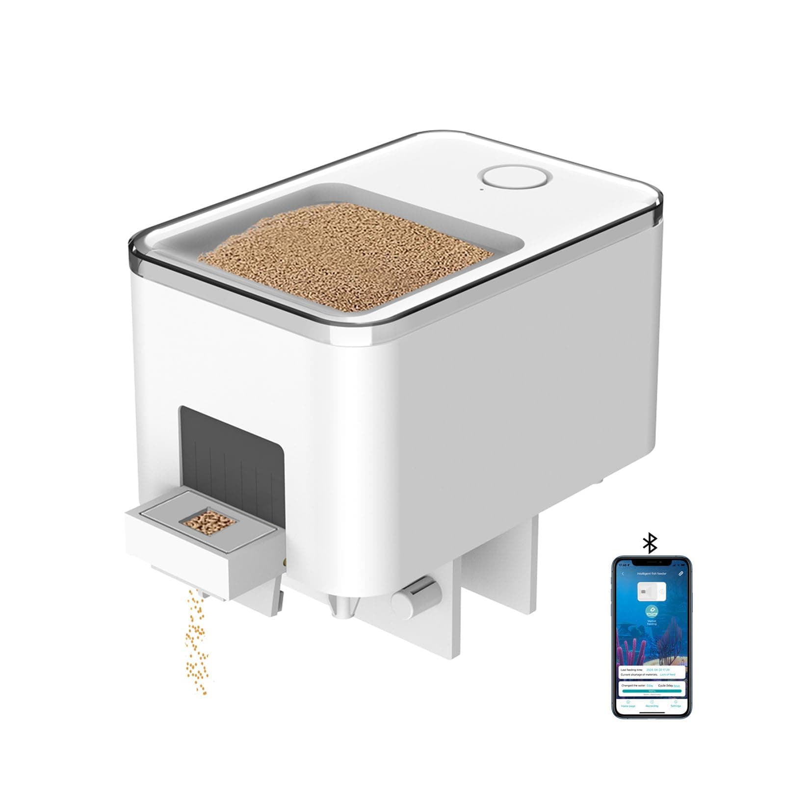 Bluetooth Fish Feeder Automatic Dispenser for Aquarium, Food Dispenser for Fish Tank with App Control, USB Powered for Small Fish Tank Pelleted Food, Electronic Feeders for Animals, White
