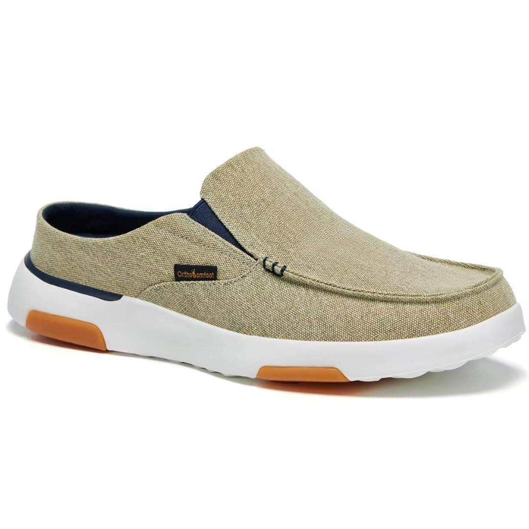 OrthoComfoot Mens Casual Slip On Shoes, Plantar Fasciitis Canvas Loafers with Arch Support, Heel and Foot Pain Relief Driving Shoes Khaki Size 9.5