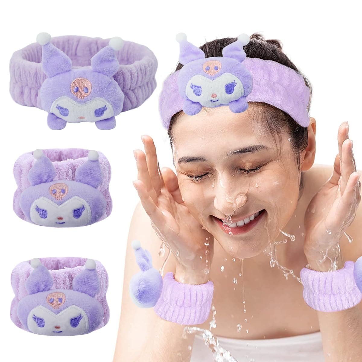 Kuromi Spa Headband for Skincare Facial Band for Women, Cute Wrist Band for Face Wash, Elastic Plush Face Wash Headband & Wristband Combo of 3Pcs, for Makeup, Face Washing