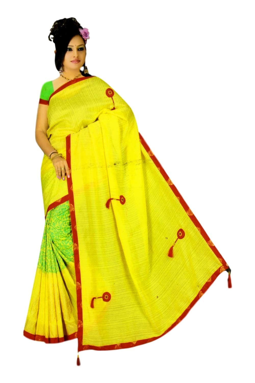 Melissa Women's Cotton Saree (S_10_Yellow_Freesize)