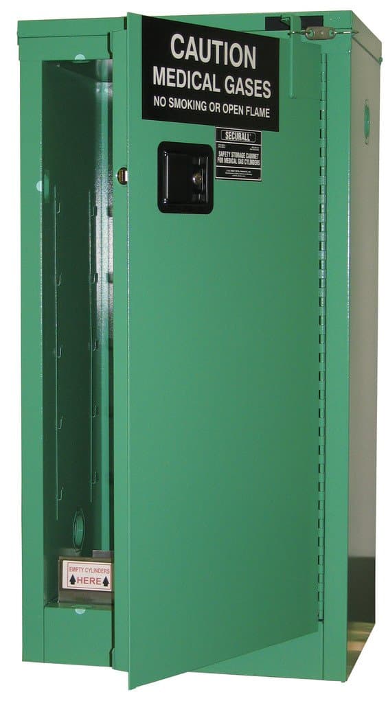 SecurallMG309 Medical Gas Cylinder Storage Cabinet, 18-Gauge Steel, 2-Door, Self-Latch, Self-Close Safe-T Door, 46 x 23 x 18 in, 9-12 H Cylinder Capacity, 15 YR Warranty - MG Green