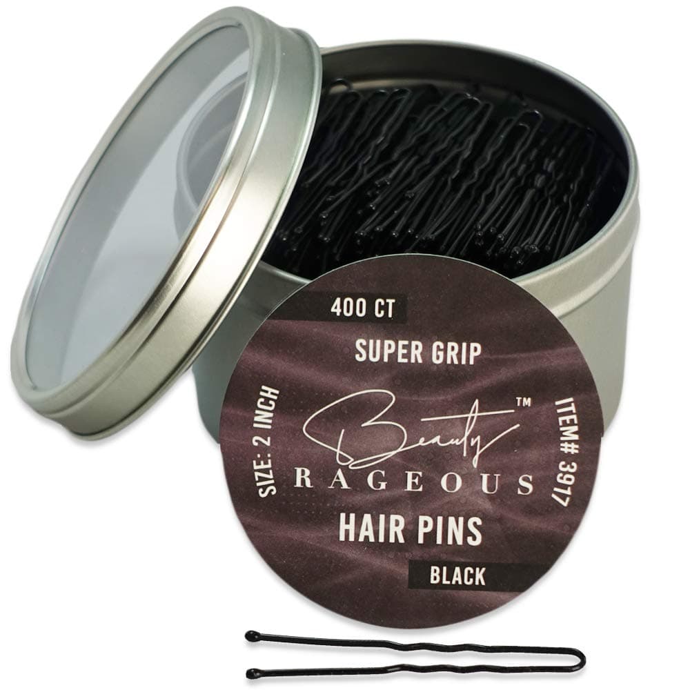 Super Grip U-Shaped Hair Pins - 400 Ct Approx - Handy Reusable Tin (Black)
