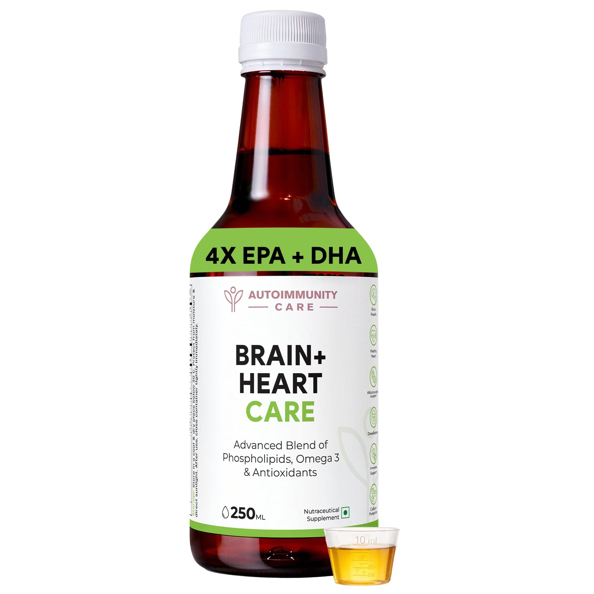 Brain + Heart Care | For Brain, Heart, Joint, Skin, Eye & Immune System Support | Advanced Blend of Phospholipids, EPA & DHA Omega 3, Astaxanthin, C0Q10 & Antioxidants | 250 ML Oil