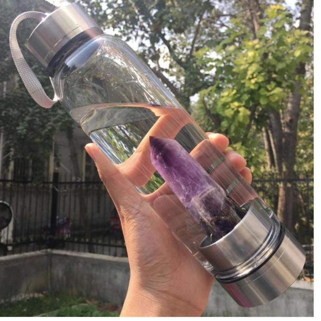 PiniceCore Natural Crystal Purple Water Bottle Portable Healing Obelisk Wand Elixir Quartz Crystal Water Bottle Glass Cups Birthday Gifts