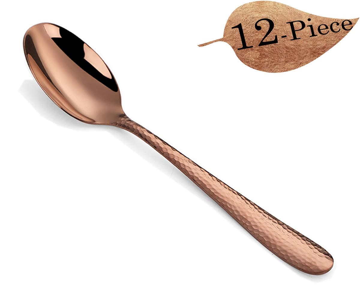 Rose Gold Dessert Spoons Set of 12, Hammered Copper Flatware 12-Piece Espresso Coffee Spoons, Stainless Steel 6.7-inch Silverware Cutlery TeaSpoons, Dishwasher Safe