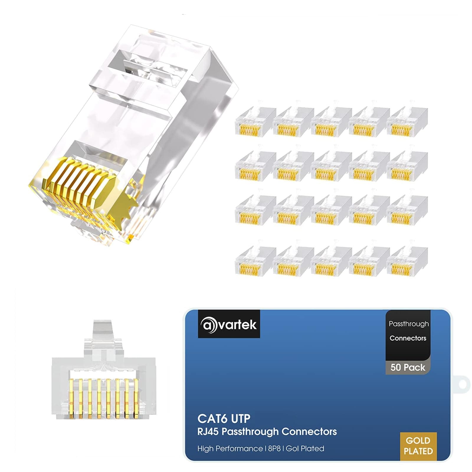 50 Pack RJ45 CAT6 Cat6a Pass Through RJ45 Connectors, Ethernet Gold Plated Connector End For Cat6 Sold & Stranded Network Cable - 8P8C Modular Plug 50u