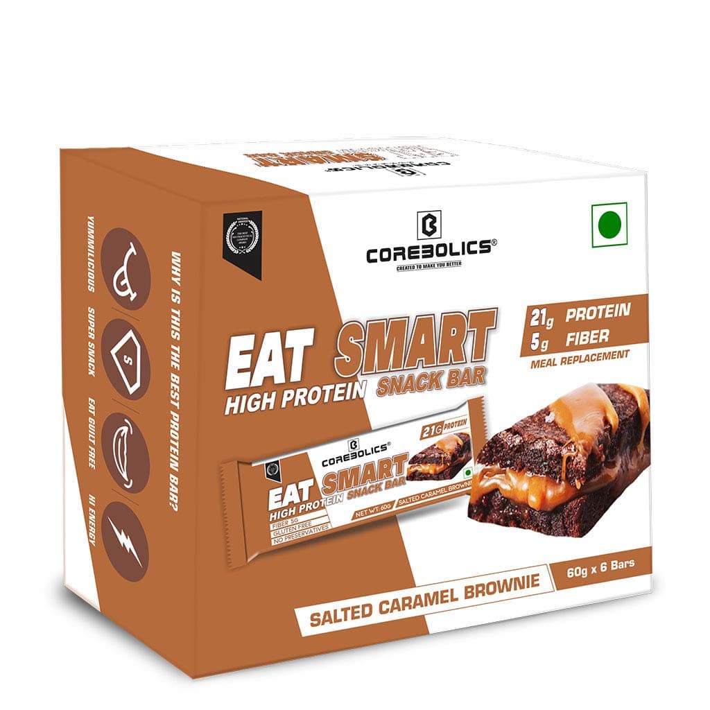 COREBOLICS EAT SMART High Protein Snack Bar (21G Protein) - Salted Caramel Brownie - Pack of 6(60gmX6)