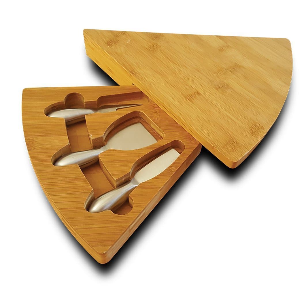 Bamboo Cheese Board and Knife Set. Natural Wood with Stainless Steel Cutter Tools for Hard Soft or Crumbly Cheeses. Unique Gift Idea