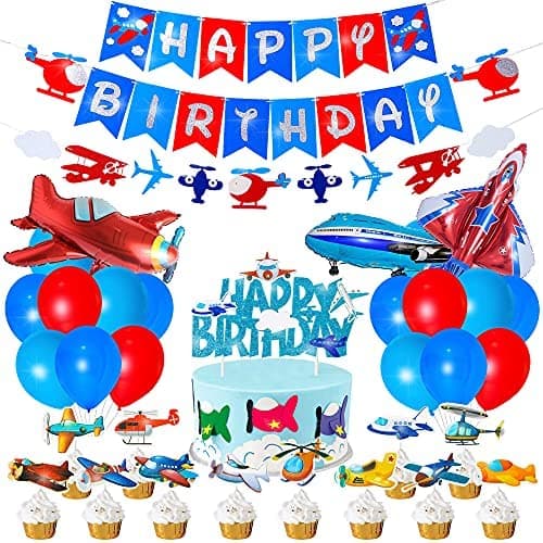 Airplane party decorations, Airplane birthday party supplies,Happy Birthday Banner Airplane Aircraft Garland Foil Latex Balloons Cake Cupcake Toppers for Kids Plane Theme Party Baby Shower Supplies