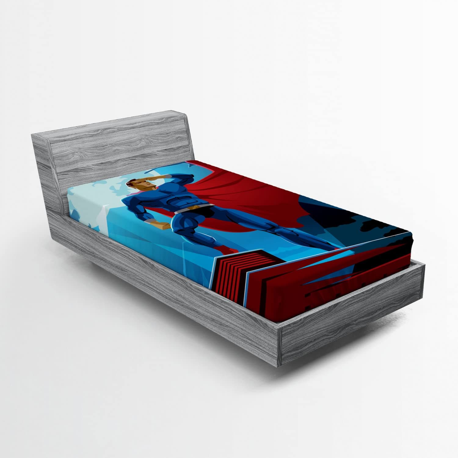 Ambesonne Superhero Fitted Sheet, Retro Cartoon Character Hero Saving People from Evil Strong Muscular Man with Cape, Bed Cover with All-Round Elastic Deep Pocket for Comfort, Twin Size, Blue Red