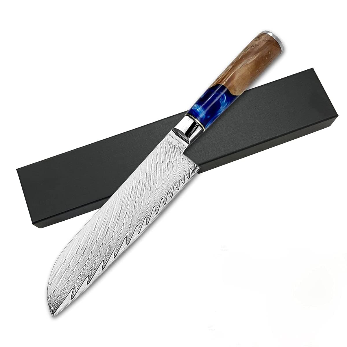 Real Damascus Steel Santouku Knife VG-10 Core Japanese Steel Kitchen Knives for Meat & Vegetable, Cooking Cutlery with Sheath