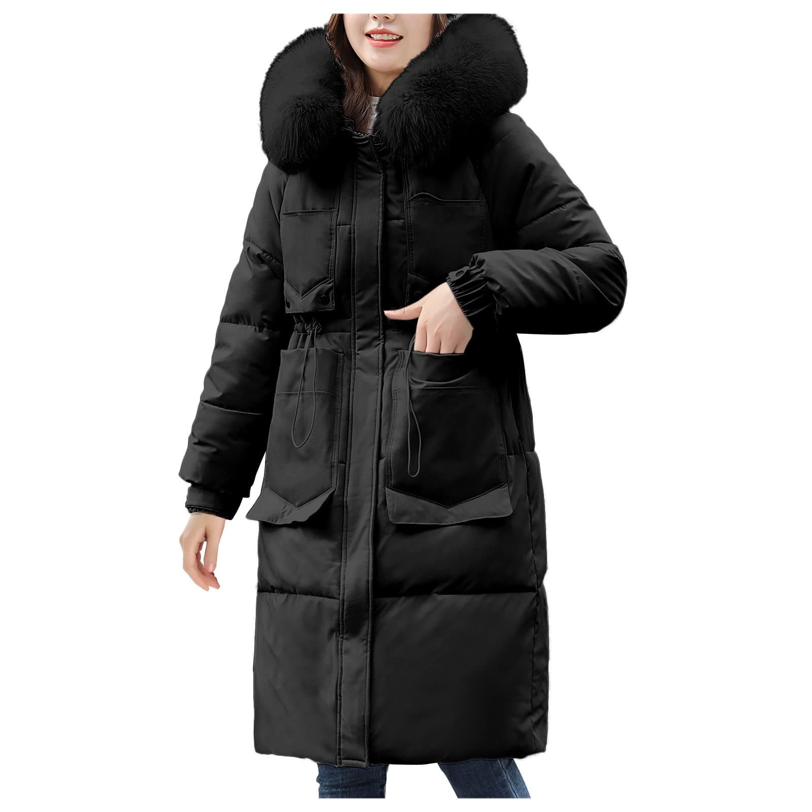 Younthone Winter Coats for Women Fashion Fur Collar Hooded Down Over the Knee Cotton Jacket Bread Top Loose Cotton Jacket