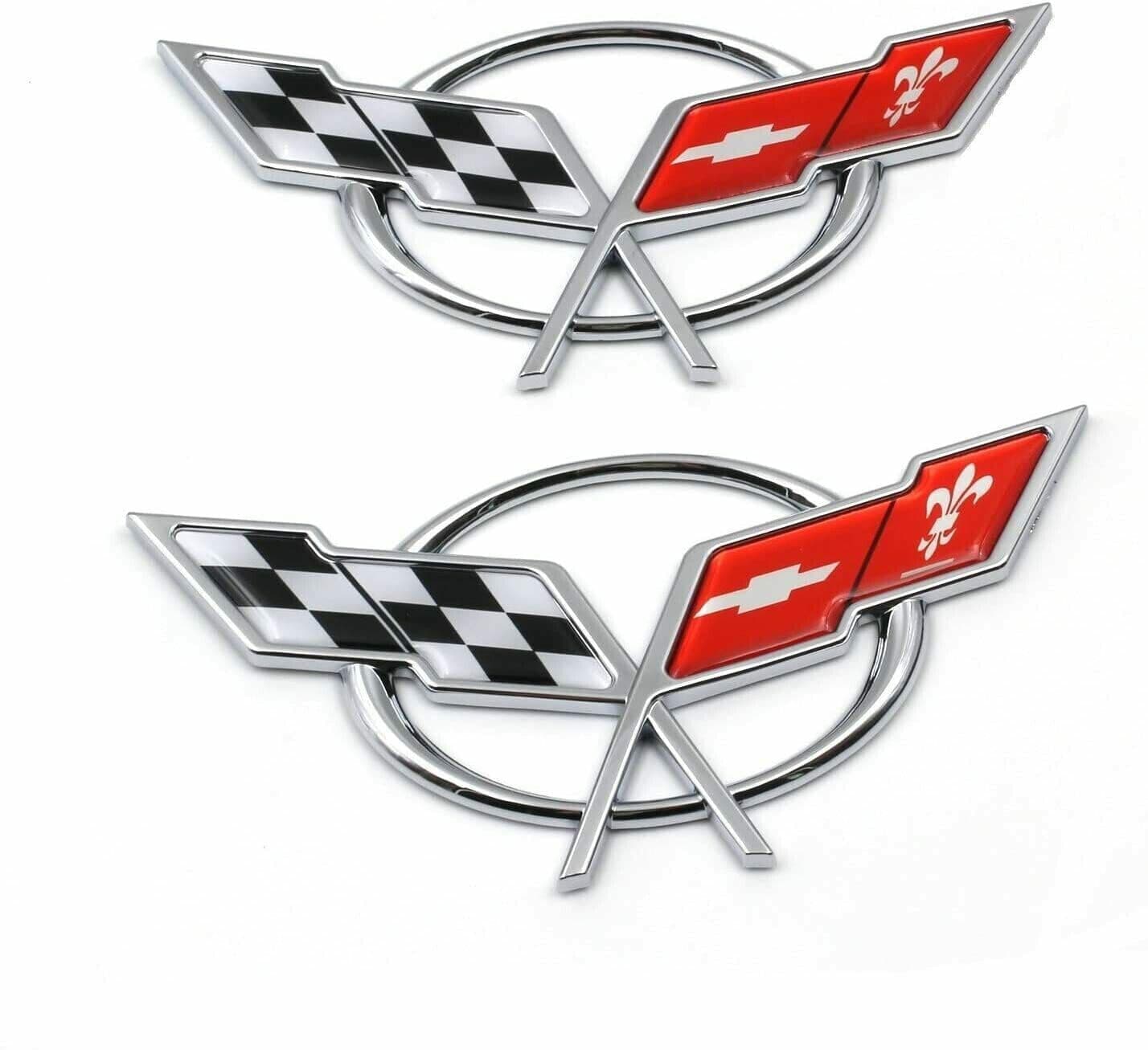 2Pc 1997-2004 Corvette C5 Rear Emblem Deck Lid 3D Crossed Flags Badge Replacement for Corvette (Chrome Red)