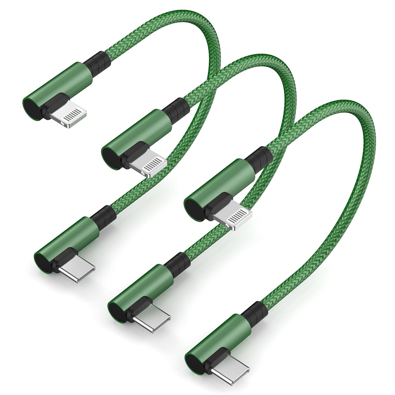 3 Pack USB C to Lightning Cable Short, [Apple MFi Certified] 90 Degree iPhone Fast Charger Cord 7 Inch Braided Short USBC to Lightning Fast Charging Cable for iPhone 14 13 12 11 XS XR X 8 iPad, Green