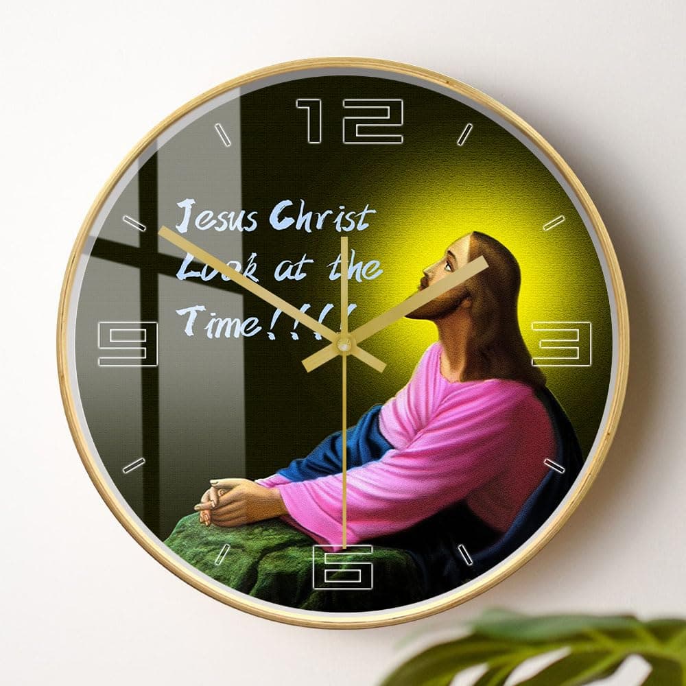 Timethink 12'' Jesus Christ Look at the Time Wall Clock Wood Frame, Christian Religious Prayer Clock Modern Decorative Non-ticking Battery Wall Watch Clock for Church Cathedral Baptism Xmas Christians
