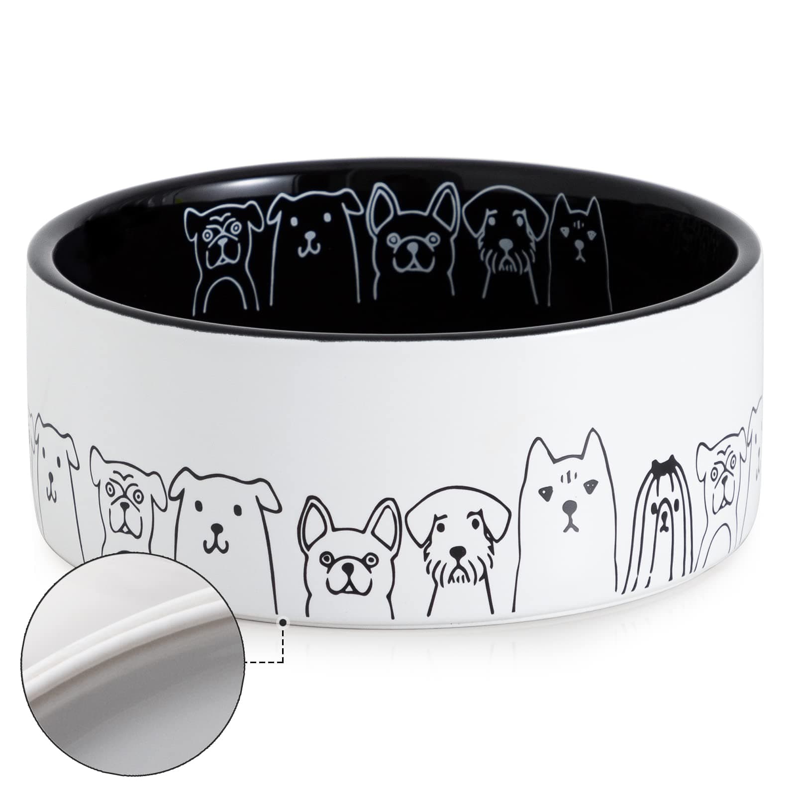 FE FUN ELEMENTSDog Bowls, Non-Slip Ceramic Dog Food Water Bowls for Medium Large Dogs, 64 Fl Oz Black Dog Bowl Dog Dish with Adorable Patterns