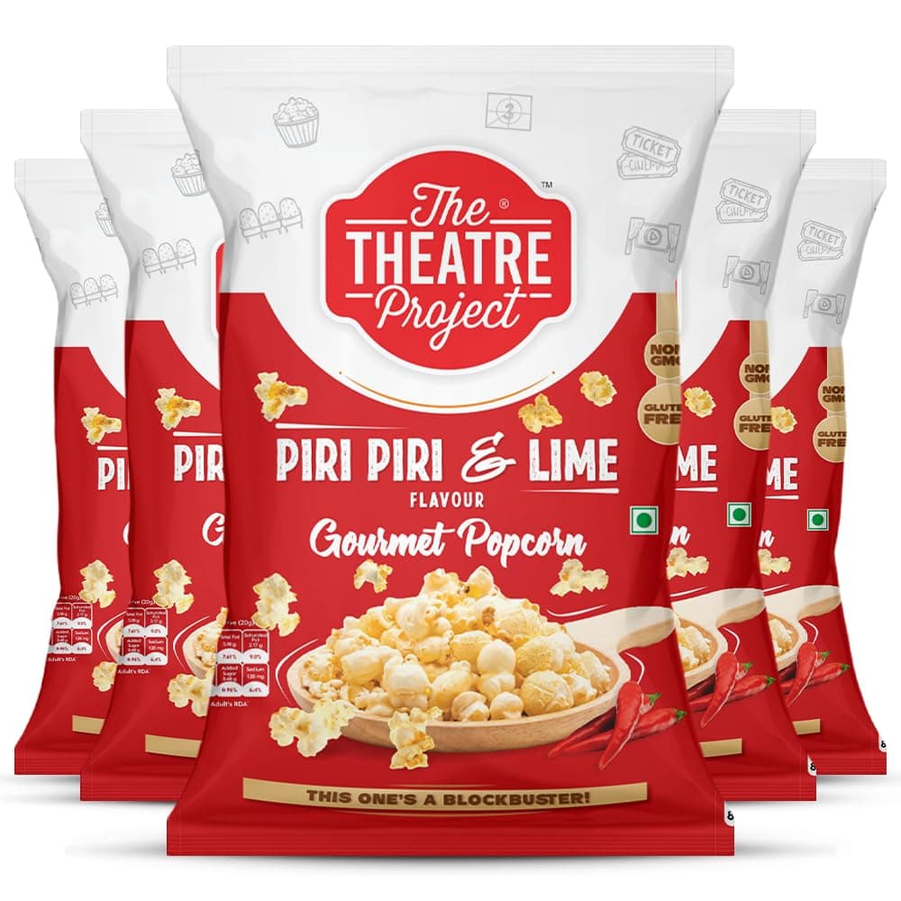 The Theatre Project Peri Peri & Lime Popcorn - Gourmet Snack, Spicy & Tangy Popcorn for Movie Nights Combo Pack of 5 Pouches (150g)
