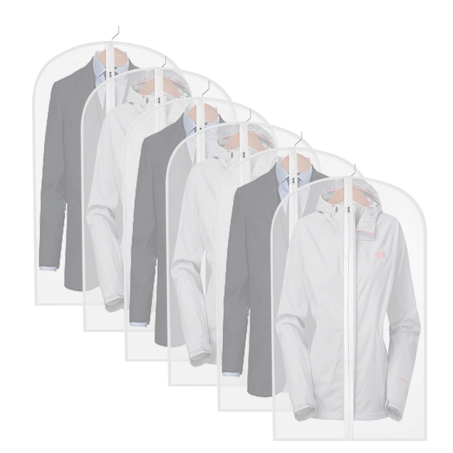 homeminda Garment Bags Clear,40in White Hanging Lightweight Breathable Dust Cover with Full Zipper for Suit Jacket Clothes Closet Pack of 6
